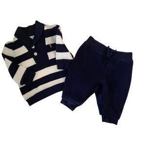 Ralph‎ Lauren Navy and White Stripe Button Cotton Jogging Suit Size 6months 2pc
